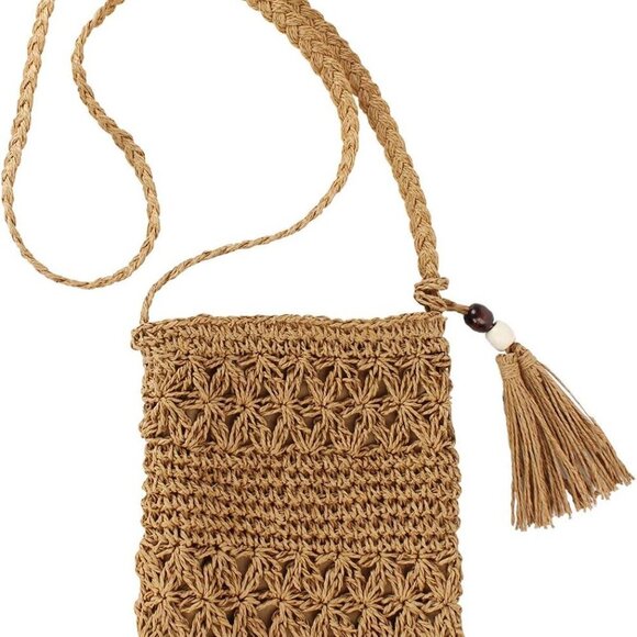 Handbags - Women Straw Crossbody Purse Beach Handmade Woven Shoulder Bag with Tassels